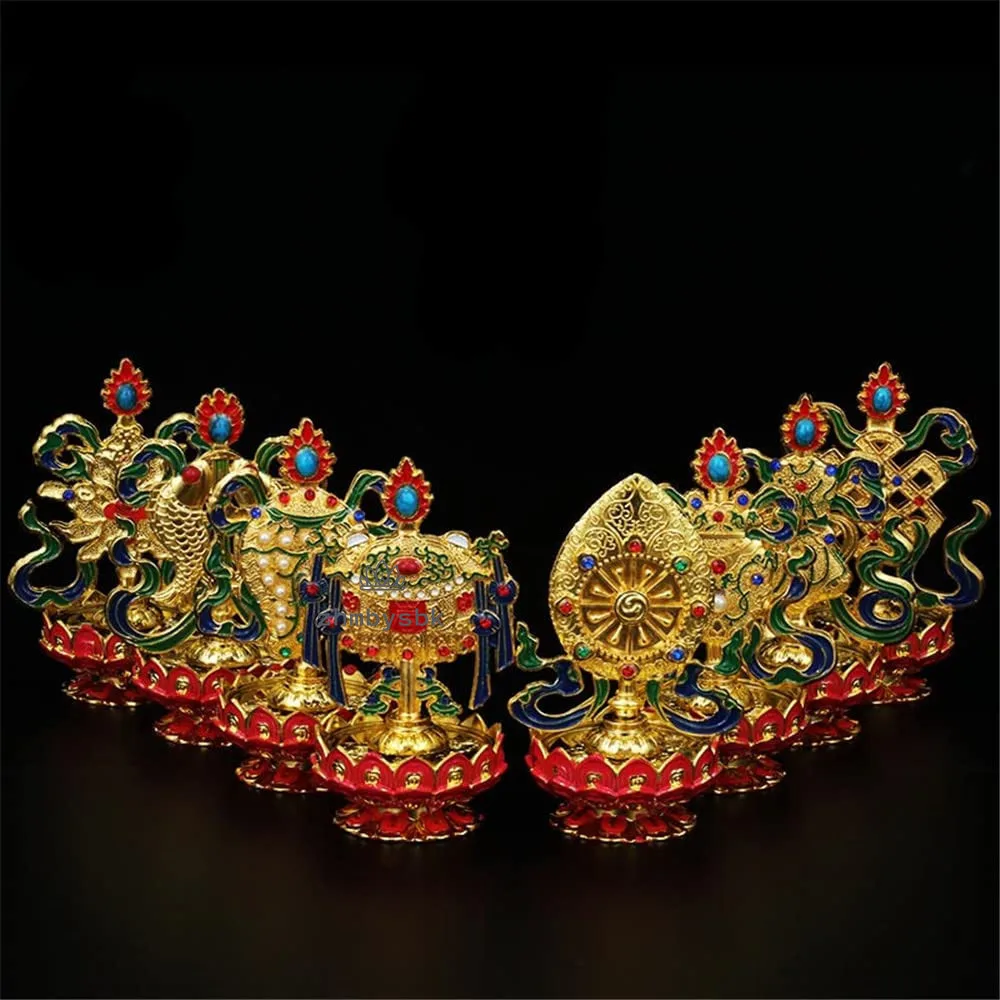 

8pcs/Set Big Lotus Base Colored Plated Buddhist Suppliers Tibetan Tranic Eight Auspicious Symbol Putting Decorate Instruments