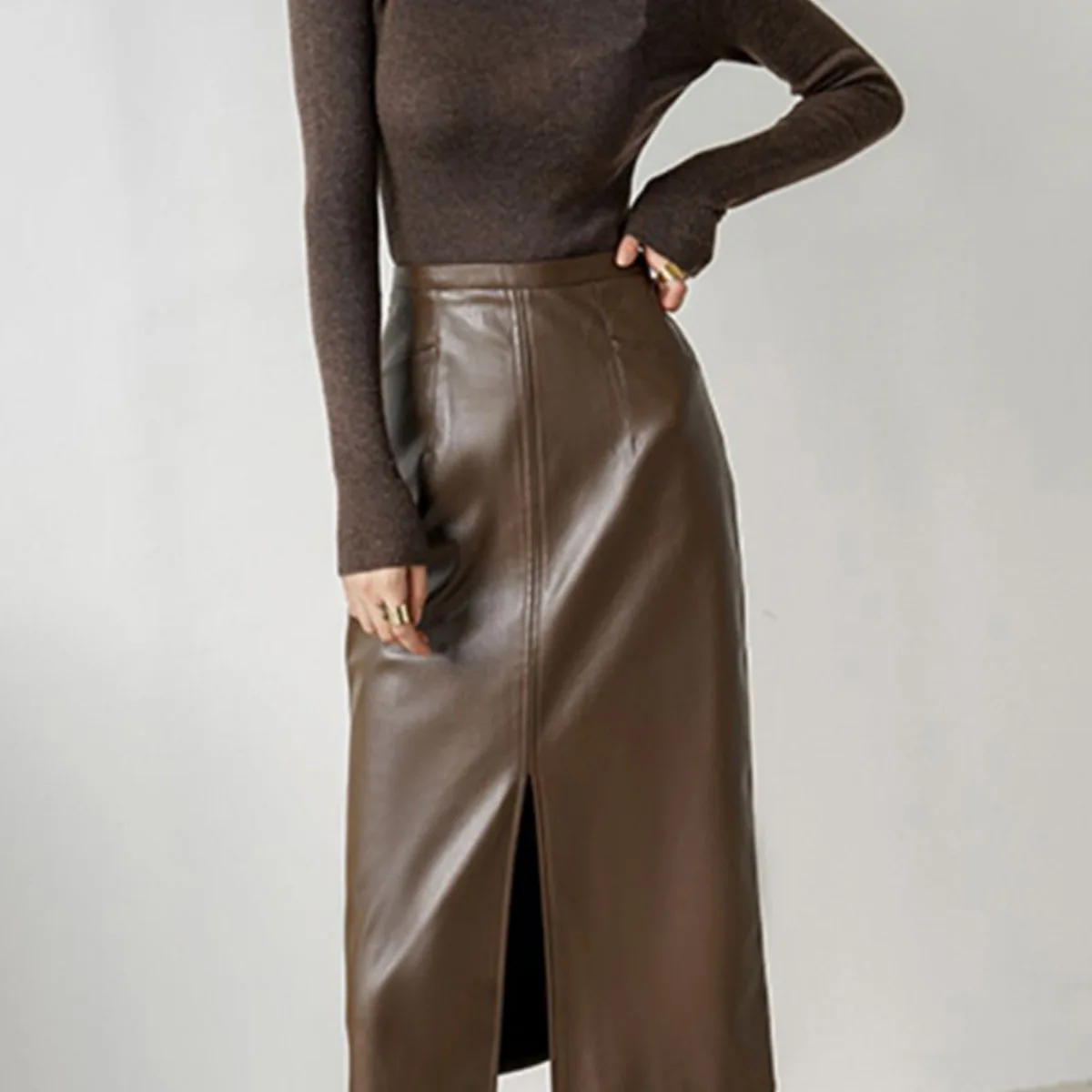 

High Waist Winter Coffee Color Women's Skirt Split Design Commute Sle PVC Material Bodycon Skirt Ladies Premium Faion