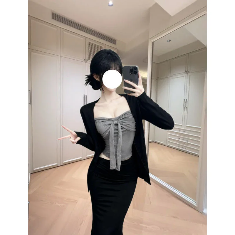 Sexy  Knot Strap Vest Women's Autumn Winter Pure Desire Style Inner Wear Matching Skirt Set Long Sleeve round Neck