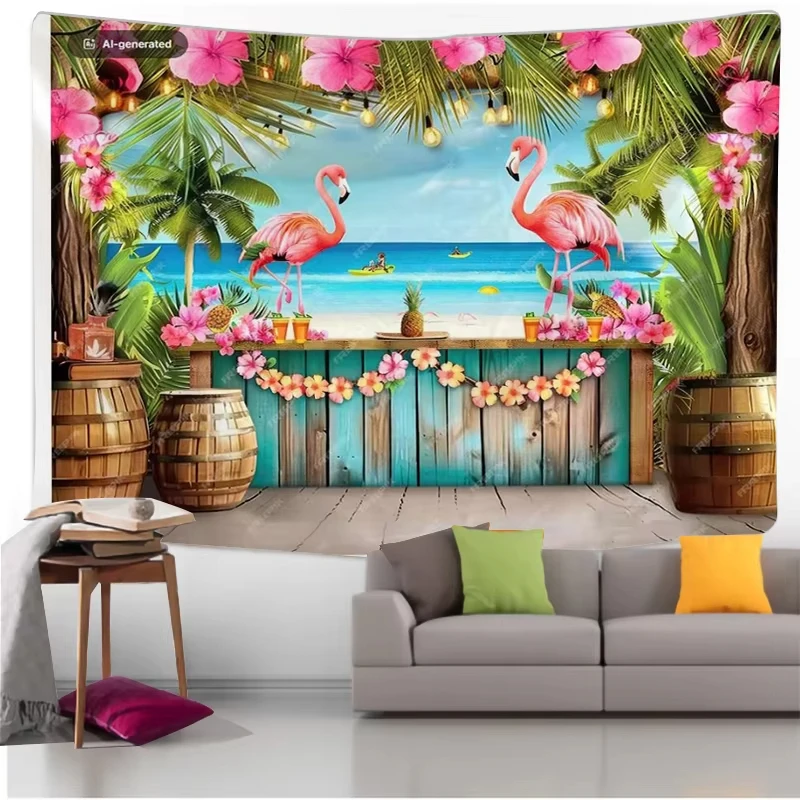 Summer Tropical Fantasy Tapestry Flamingo Tiki Bar Aloha Totem Palm Living Room Party Backdrop Room Decoration