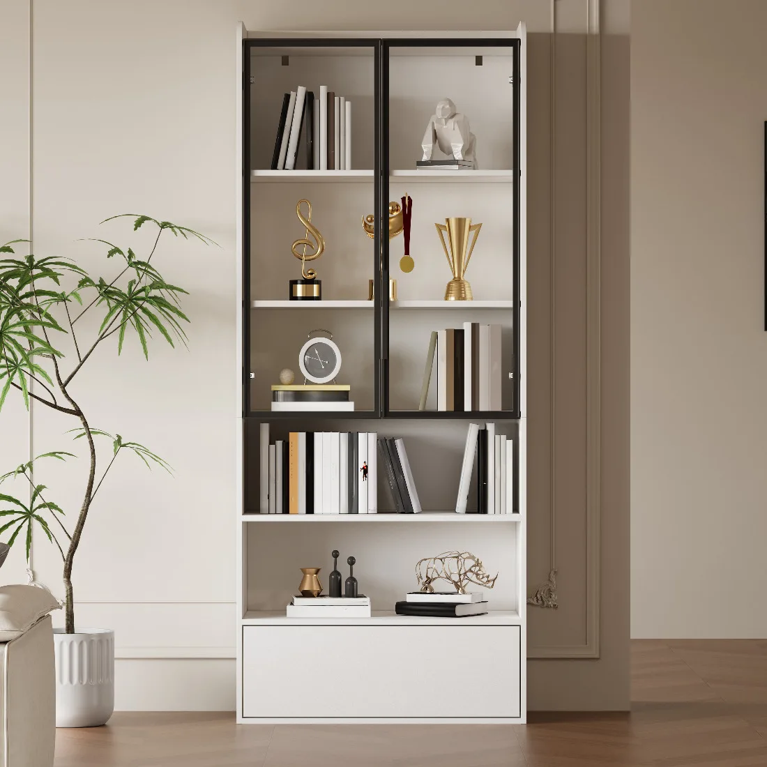 Vitrine en verre blanche 80x34x180cm avec 1 tiroir et portes en verre, éclairage LED et cloison ouverte, vitrine haute pour salon, chambre et bureau, vitrine pour objets de collection et décoration