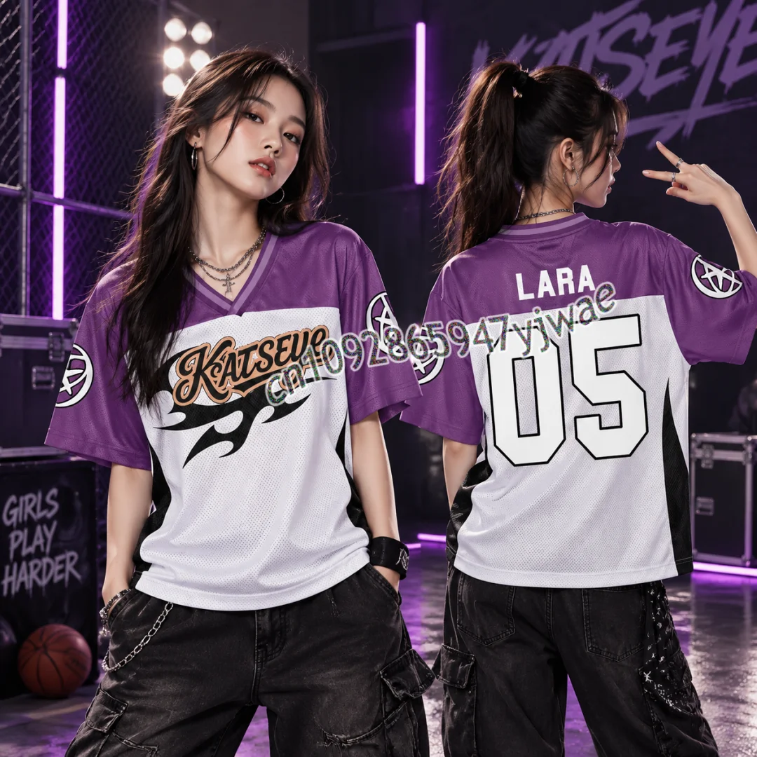 Fashion KATSEYE Purple Flame Streetwear Mesh Jersey For Fans Autumn Men's Women's Short Sleeve Tshirt Kpop Lara Sophia Fans Gift