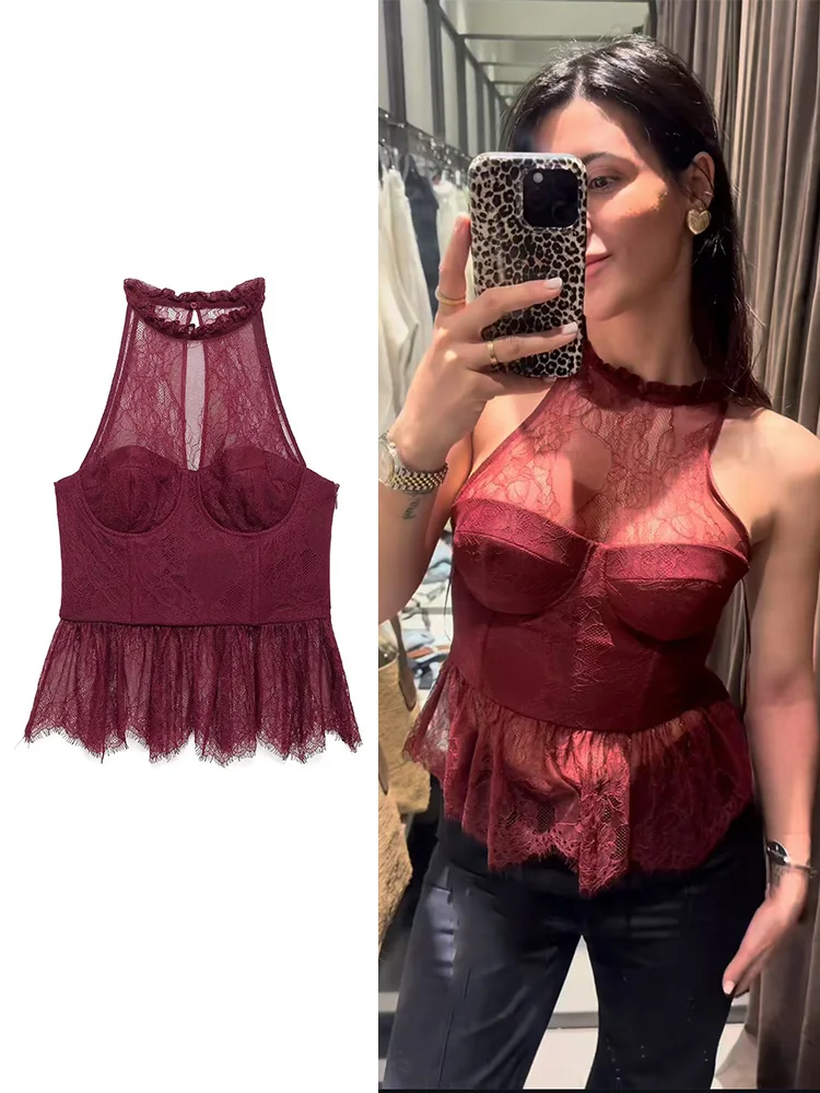 

TF.MLN Women Halter Neck Tops Cute Lace Crop Tops Sexy Solid Tanks Fashion Women Elegant Sweet 2025 Lace Hollow Out Vest Summer