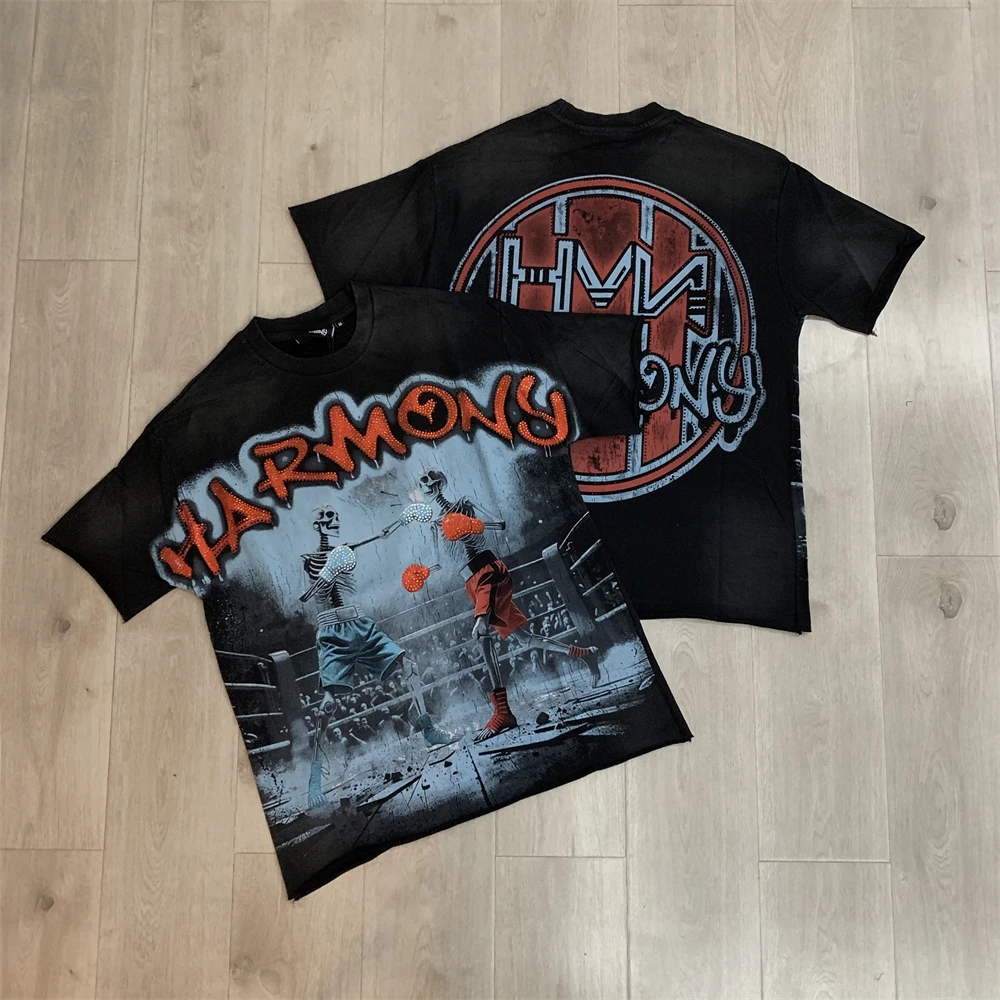 Black HARMONY TEE Skeleton Boxer Print Hot Stamping Short Sleeved T-shirt T Shirt Men Women High Quality Tee Tops T-Shirt