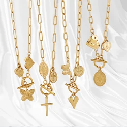 316L Stainless Steel Heart Butterfly Pendant Necklace For Women Toggle Clasp Cross Coin Paperclip Chain Necklaces Jewelry Gifts