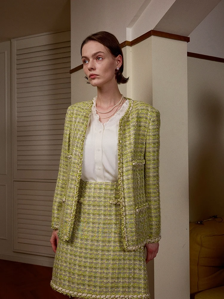 een Light Forest High-End Cusized Tweed Prestige Small Fraance Sle Jaet Luxe gezellige damesjas met lange mouwen