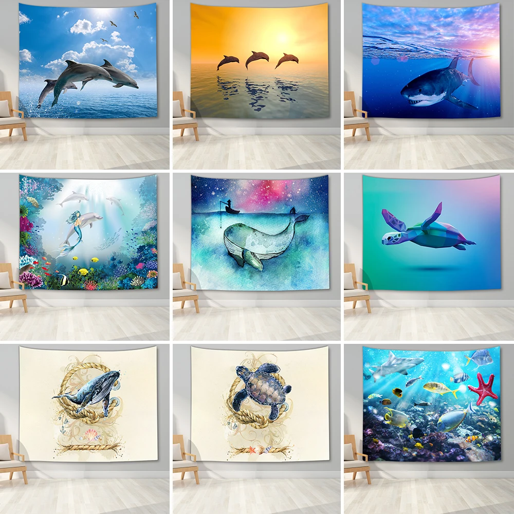 Underwater world tapestry wall hanging turtle shark mermaid dolphin  print   living room bedroom dormitory