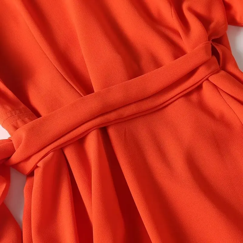 Jenny&Dave Autumn French Midi Dress Women Fashion Ladies Orange Party Dress Simple Wrap Tie Elegant