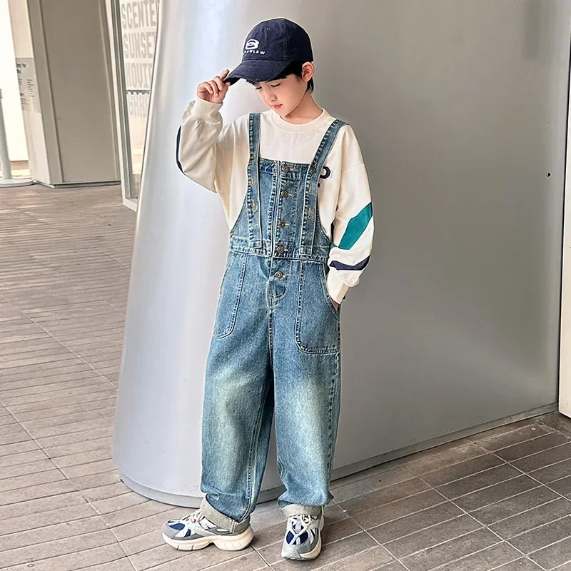 Kids Denim Overalls for Teenager Spring Autumn Jeans Dungarees Girls Pocket Jumpsuit Children Boys Pants for 4 5 7 9 11 13 Years