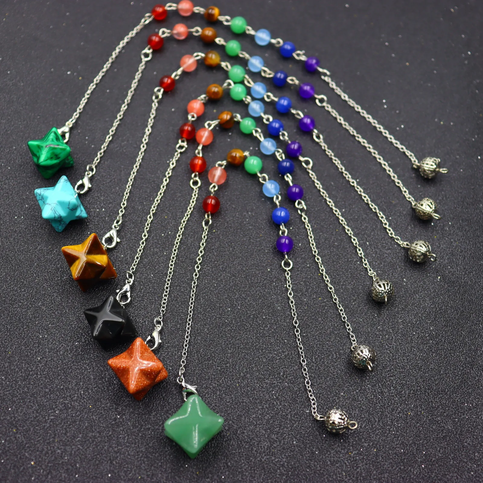 

Natural Mineral Crystal Merkaba Pendant Pendulum Colorful Yoga Chain 3D Three-dimensional Hexagram Pendul For Women Men Gift