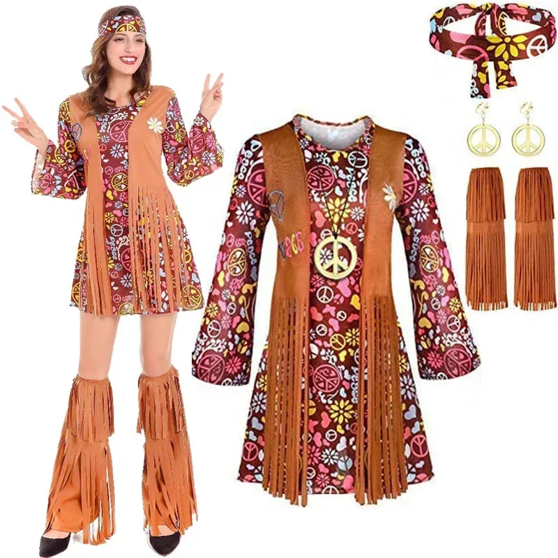 

Хиппи Дискотека 60-х 70-х годов Косплей Костюм Женщины Мир Любовь Девушки Хип Индийский Ретро Жилет с кисточками Кардиган Хэллоуин Карнавальный костюм для вечеринки