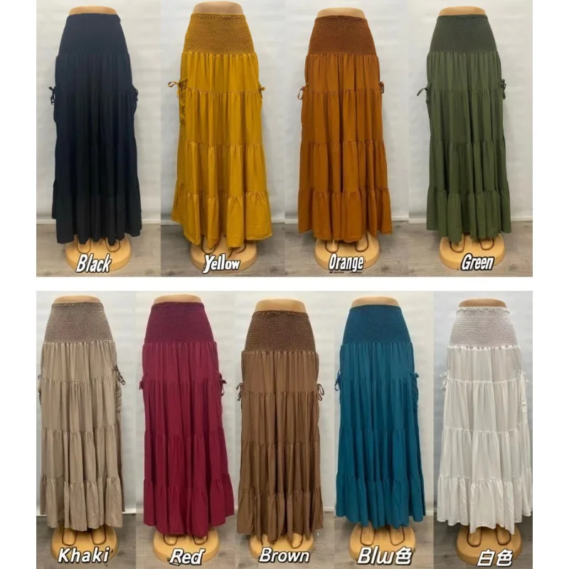 Boho Maxirock Damen Hohe Taille Urlaub Strand Drapierte Lange Röcke Patchwork Einfarbig Kordelzug Taschen Böhmischer Freizeitrock