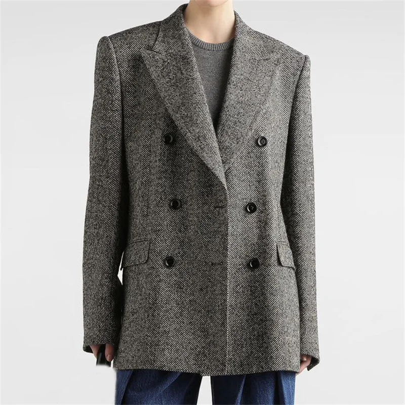 

Женская куртка, новинка зимы 2024, двубортное облегающее женское пальто, женский костюм из смеси шерсти, куртка y2k, офисная повседневная верхняя одежда