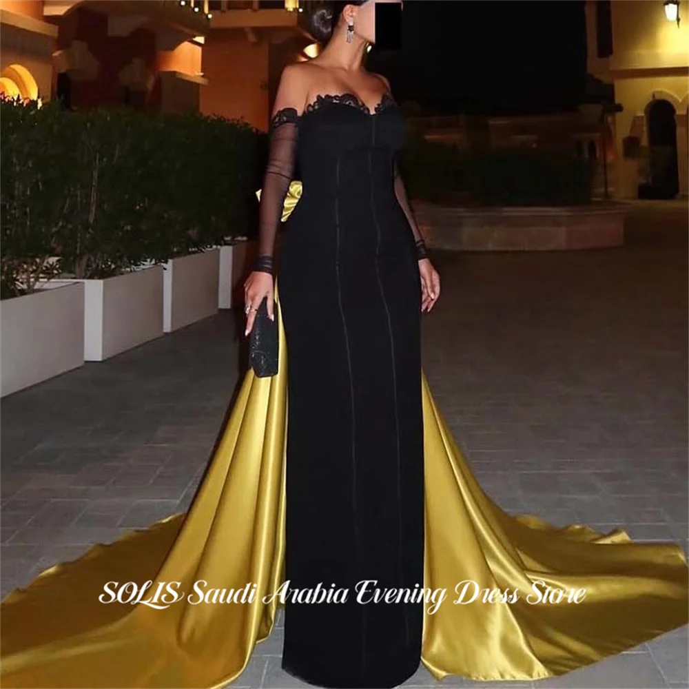 

SOLIS Black and Yellow Prom Dresses Off the Shoulder Gala Dresses Long Sleeve Saudi Arabic Simple Evening Party Gown Customized