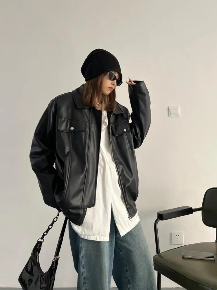 Tawaaiw Streetwear Black Loose Pu Leather Coats And Jackets Women Tops Autumn 2023 Korean Fashion Oversized Chic Outerwear