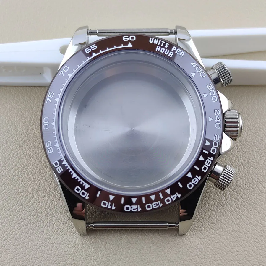 39mm VK63 Case Coffee Color Ceramics Bezel Insert Stainless Steel Sapphire Glass Quartz Electronic Watch Case Fits 20mm Strap