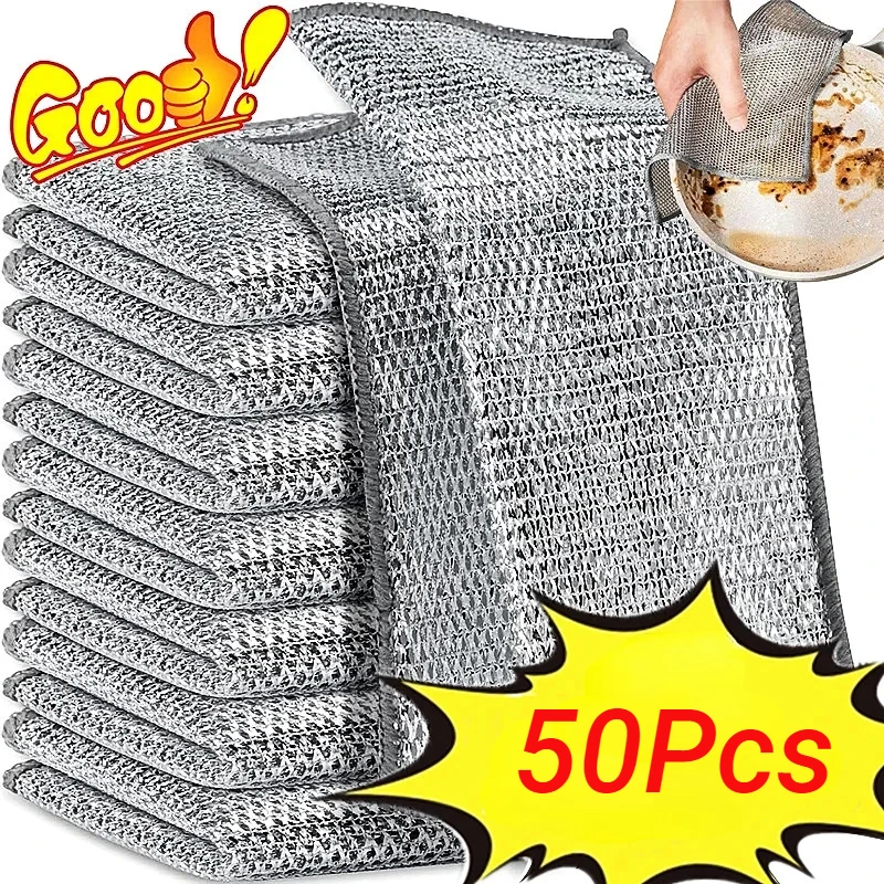 New Thickened Steel Wire Cleaning Cloth Non-Scratch Double-layer Iron Microfiber Mesh Dishrag Washing Pot Rags Kitchen Towels