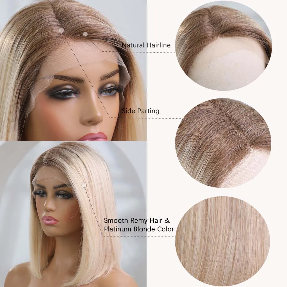 14Inch Lace Front Human Hair Wig Ombre Light Blonde Cosplay Party Human Hair Wig for Women 100% Remy Human Hair Wigs T Part Lace