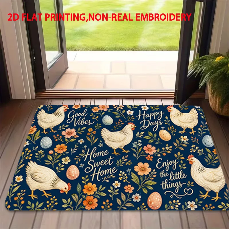 Chicken Floral Good Vibes Welcome Mat Navy Base Orange Bloom Script Text Print Non Slip Indoor Entrance Rug