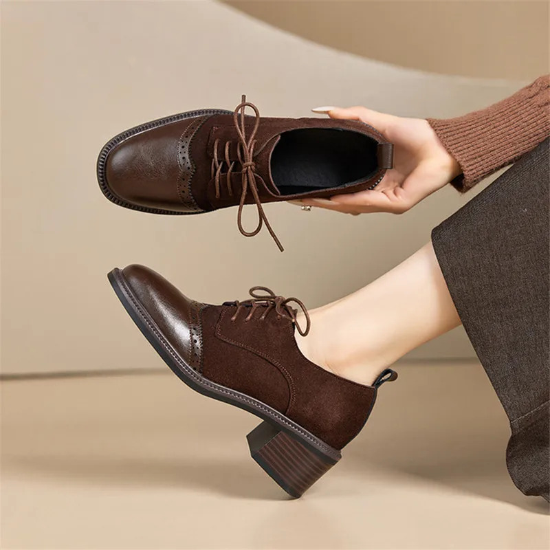 

New Spring/Autumn Cow Suede Women Shoes Fashion Retro Round Toe Shoes for Women High Heel Women Pumps Lace Loafers Handmade