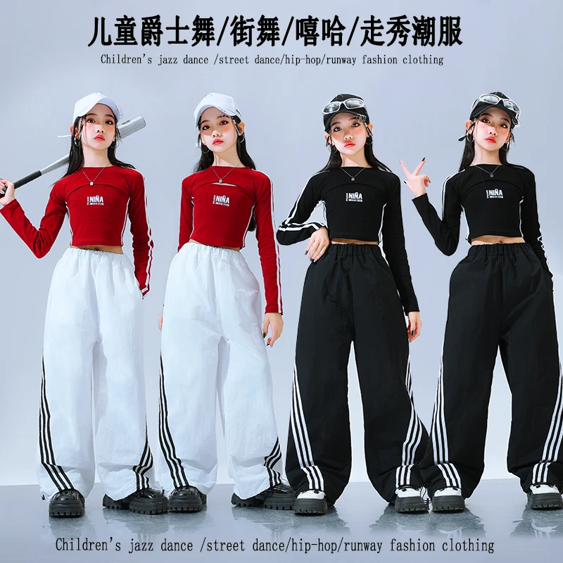 Girls K-pop Crop Top Fashion Baggy Joggers Pants Children Hip Hop Streetwear Clothes Sets Kids Cool Girl Group Jazz Costumes