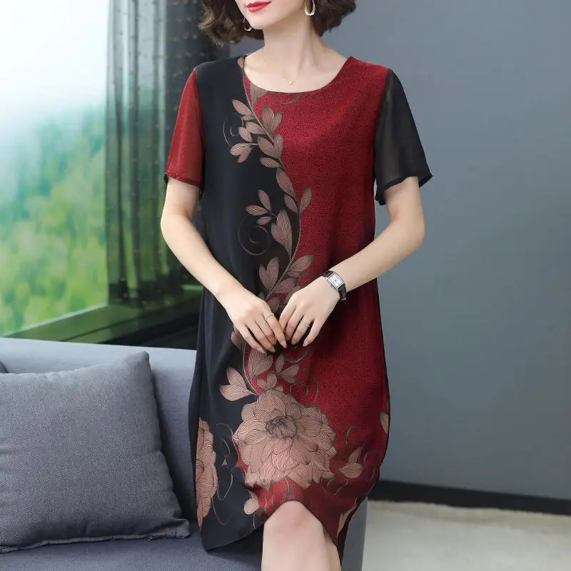 

Female Clothing Casual Short Sleeve Dresses Summer Vintage Floral Printed Fashion Spliced Loose A-Line Commute O-Neck Midi Dress