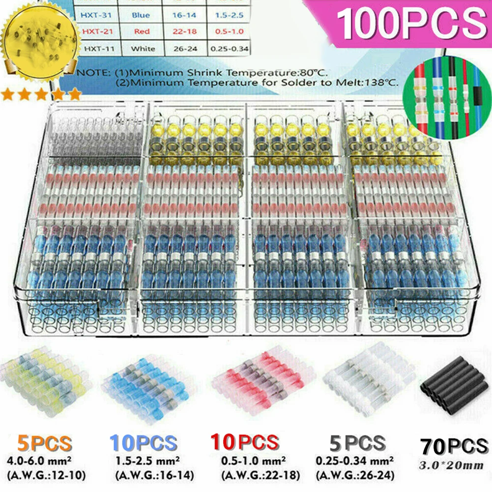 100pcs Solder Seal Wire Connectors Heat Shrink Insulated Electrical Wire Terminals Butt Splice Cable Crimp Waterproof Automobile