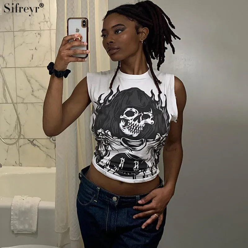 Sifreyr Fashion Printed Letter Tank Top 3D Pattern Round Neck Sleveless Off Shoulder Tight Firt Short Open Navel Loose Top