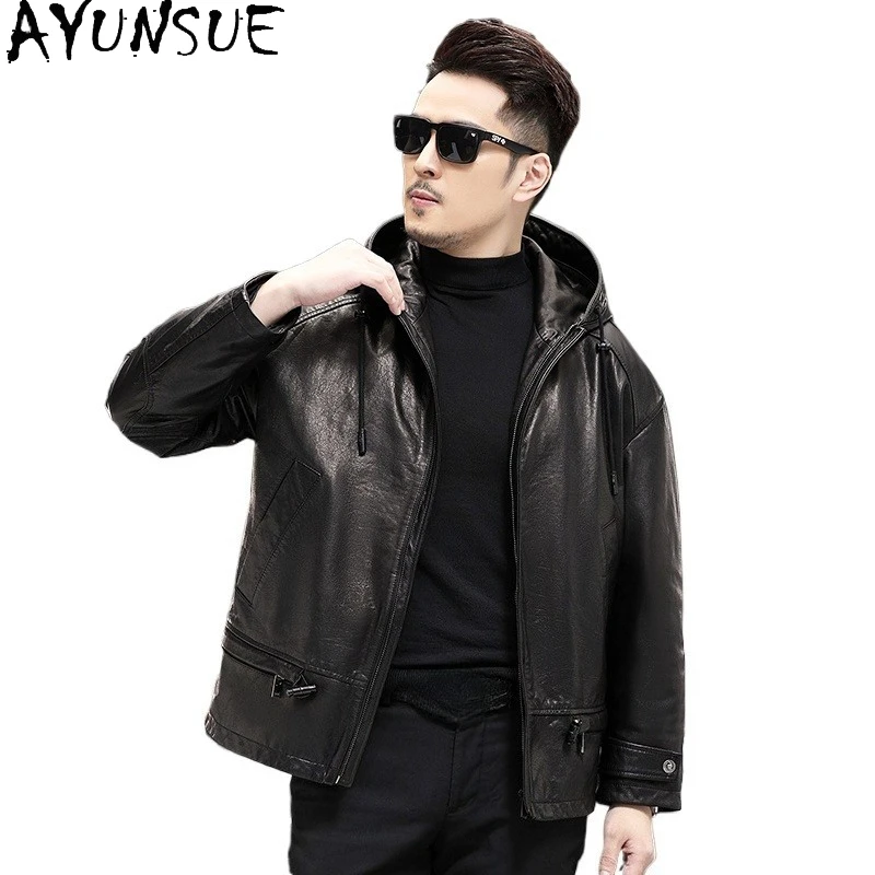 

AYUNSUE 100% Real Cowhide Genuine Leather Jacket Man Hooded Autumn Winter Detachable Goose Down Liner Coat Short Puffer Coats