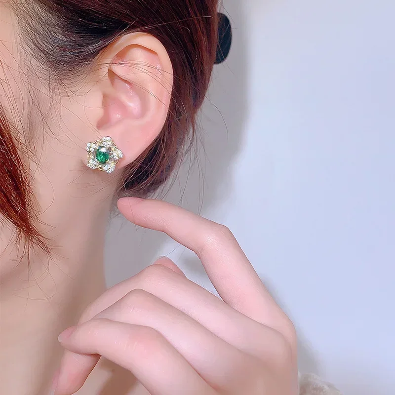 

Elegant Flower Design Stud Earrings with Sapphire Ruby Emerald Center Stone Surrounded By Sparkling CZ Crystals Perfect Jewelry