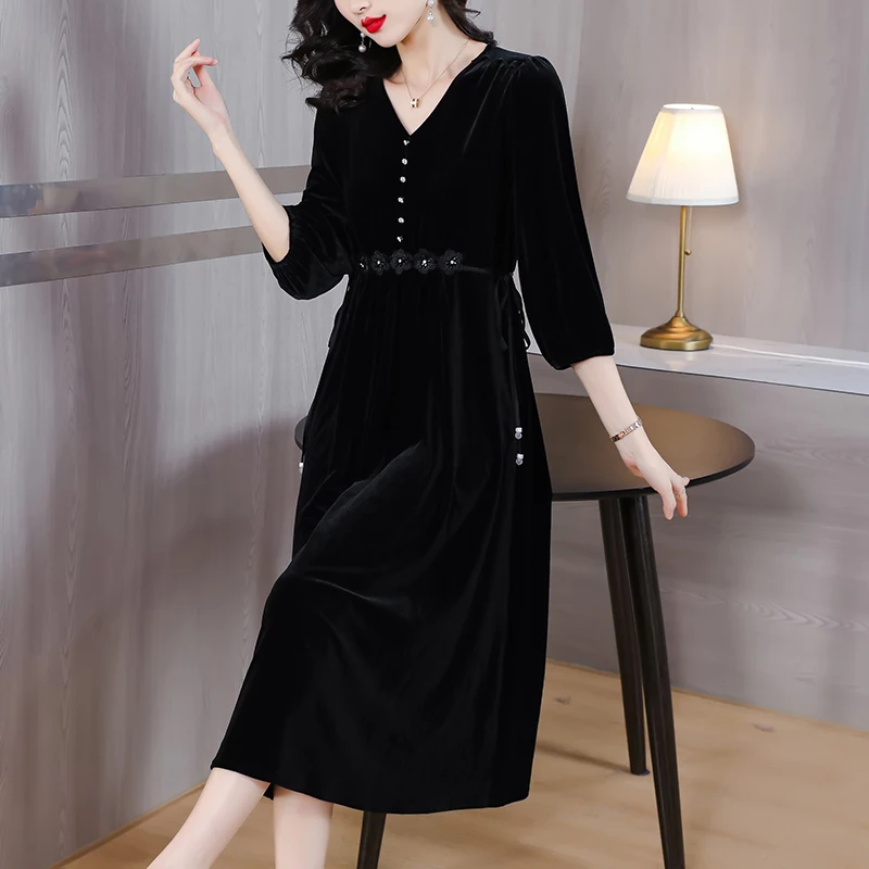 2023 Autumn New Black Silk Gold Velvet Bubble Sleeves Dress with Waist Wrapped to Show Thin V-Neck Knee Length A-line Dress Robe