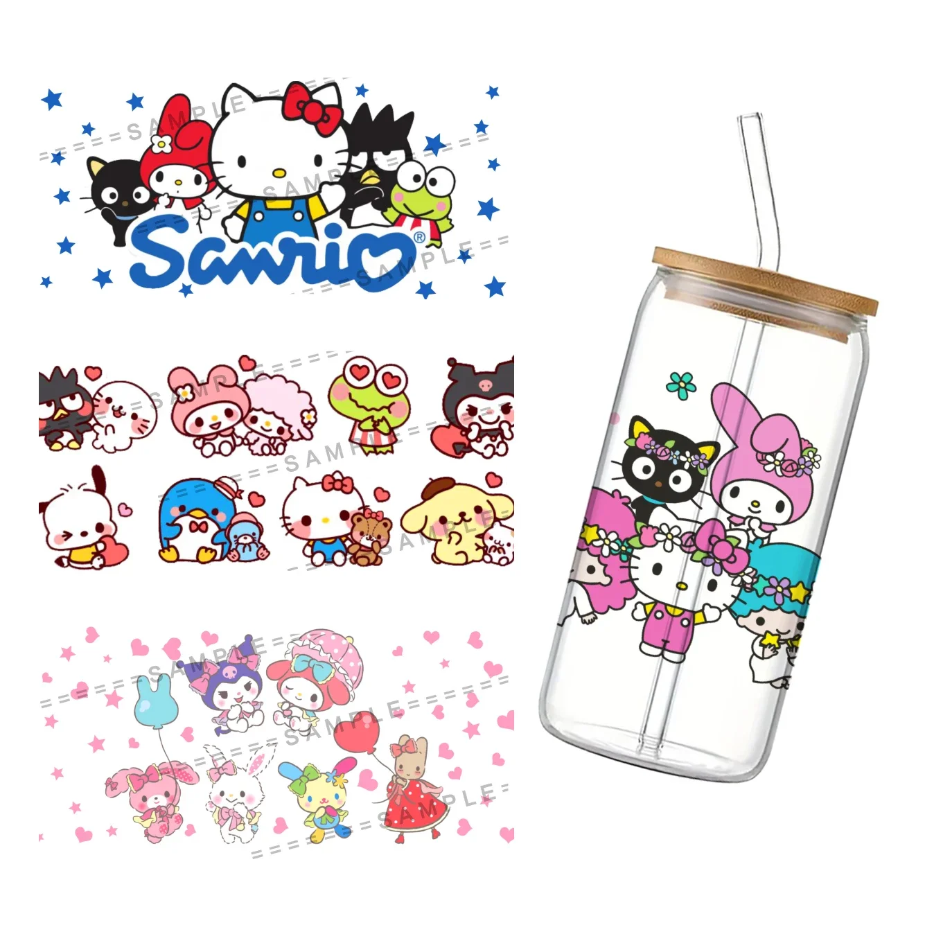 Sticker UV DTF Transfer Sanrio Cute Characters For 16oz Wrap GLASS Cups High Temperature Resistance DIY Waterproof Custom Decals