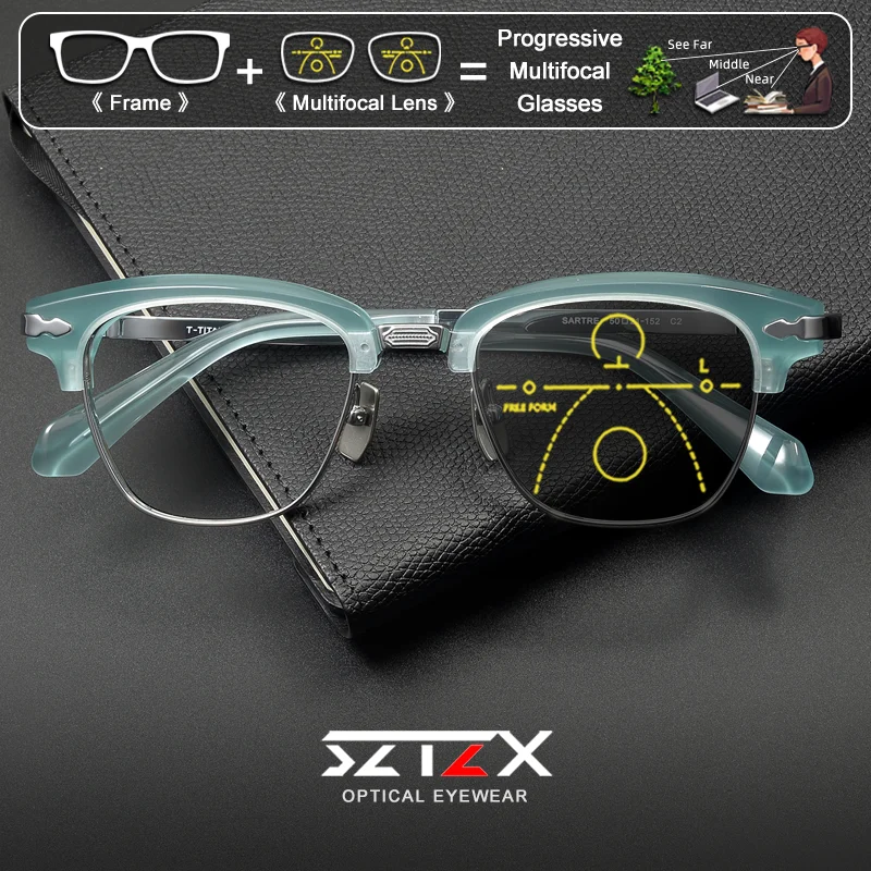 

SZTZX Retro Ultralight Titanium Men Eyebrow Frame Prescription Glasses Small Frame Anti Blue Ray Photochromic Multifocal Eyeware