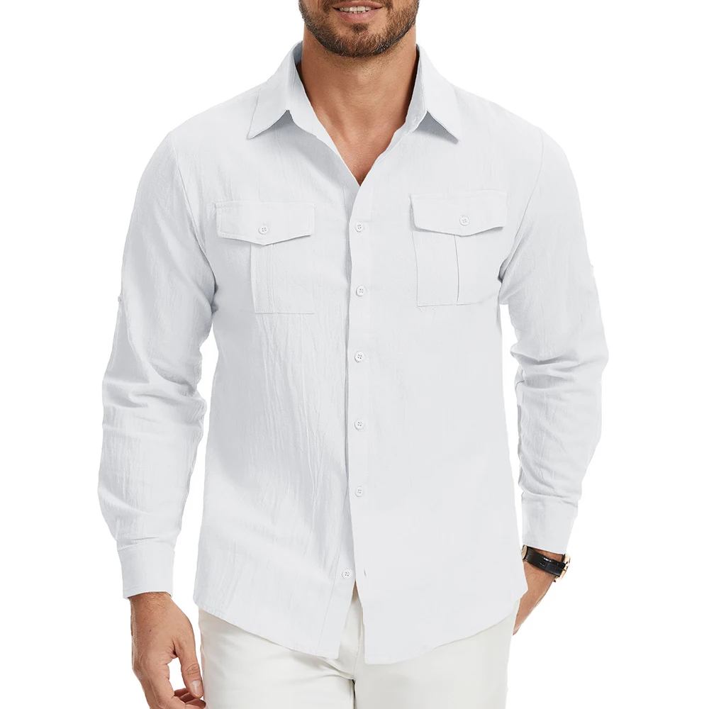 

Мужская рубашка из хлопка и льна, дышащая, легкая, с двумя карманами, на одной пуговице, повседневная, с длинным рукавом, в стиле карго.