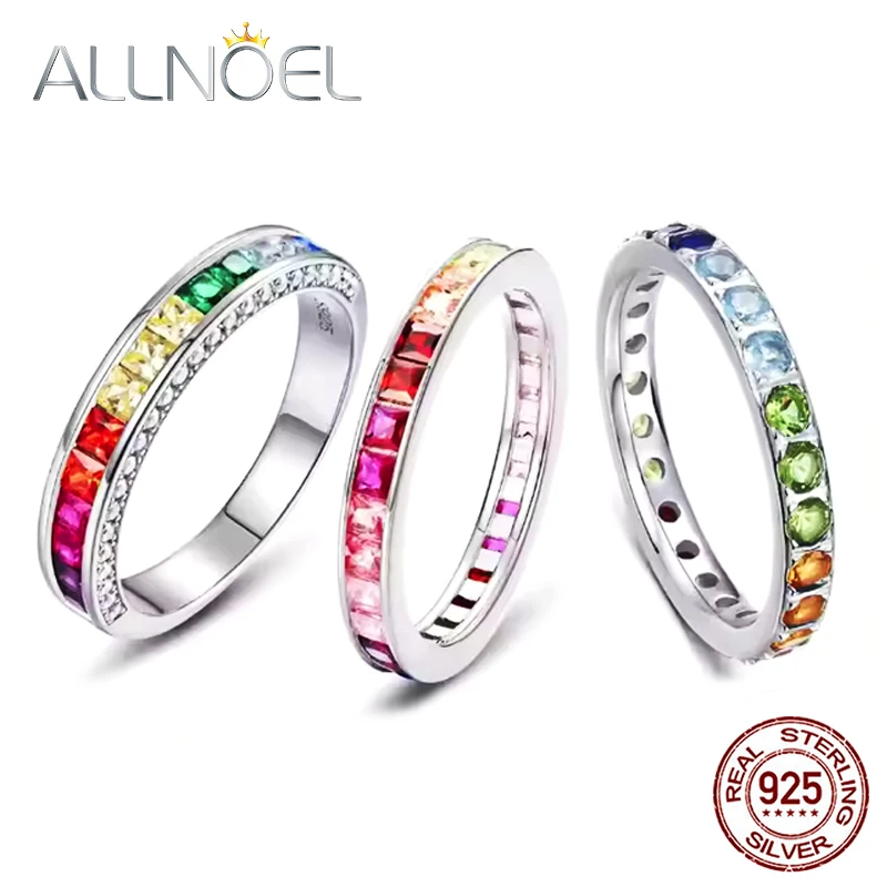 

ALLNOEL 100% 925 Sterling Sliver Eternity Finger Rings for Women Rainbow Zircon Colorful CZ Engagement Wedding Band Jewelry Gift