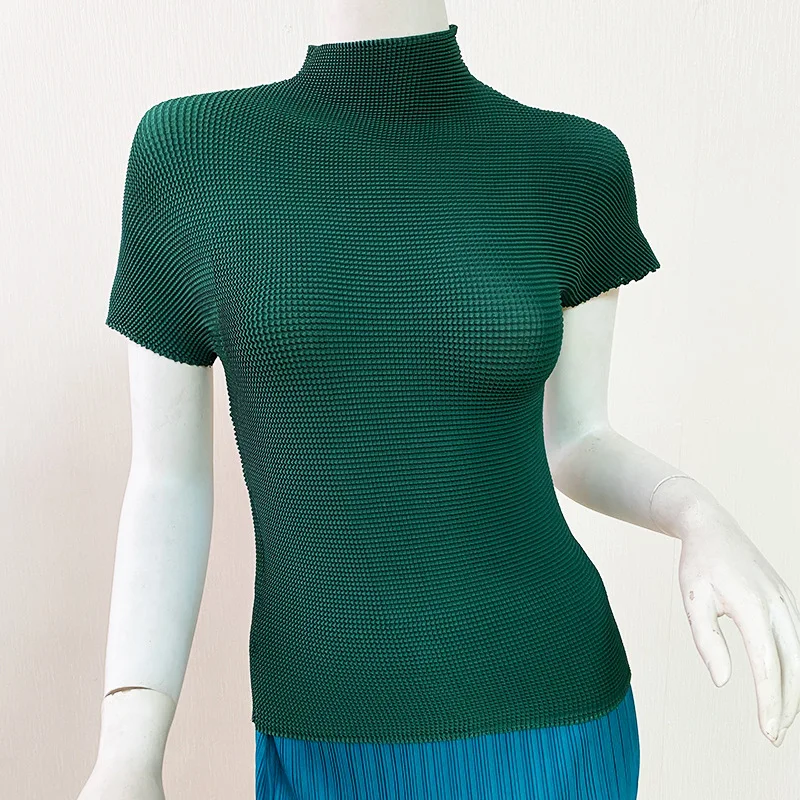 Pleated Short Sleeve Women's T-shirt Chiffon Shirt Summer Women's High Collar Thin Top Women's Western Fashion