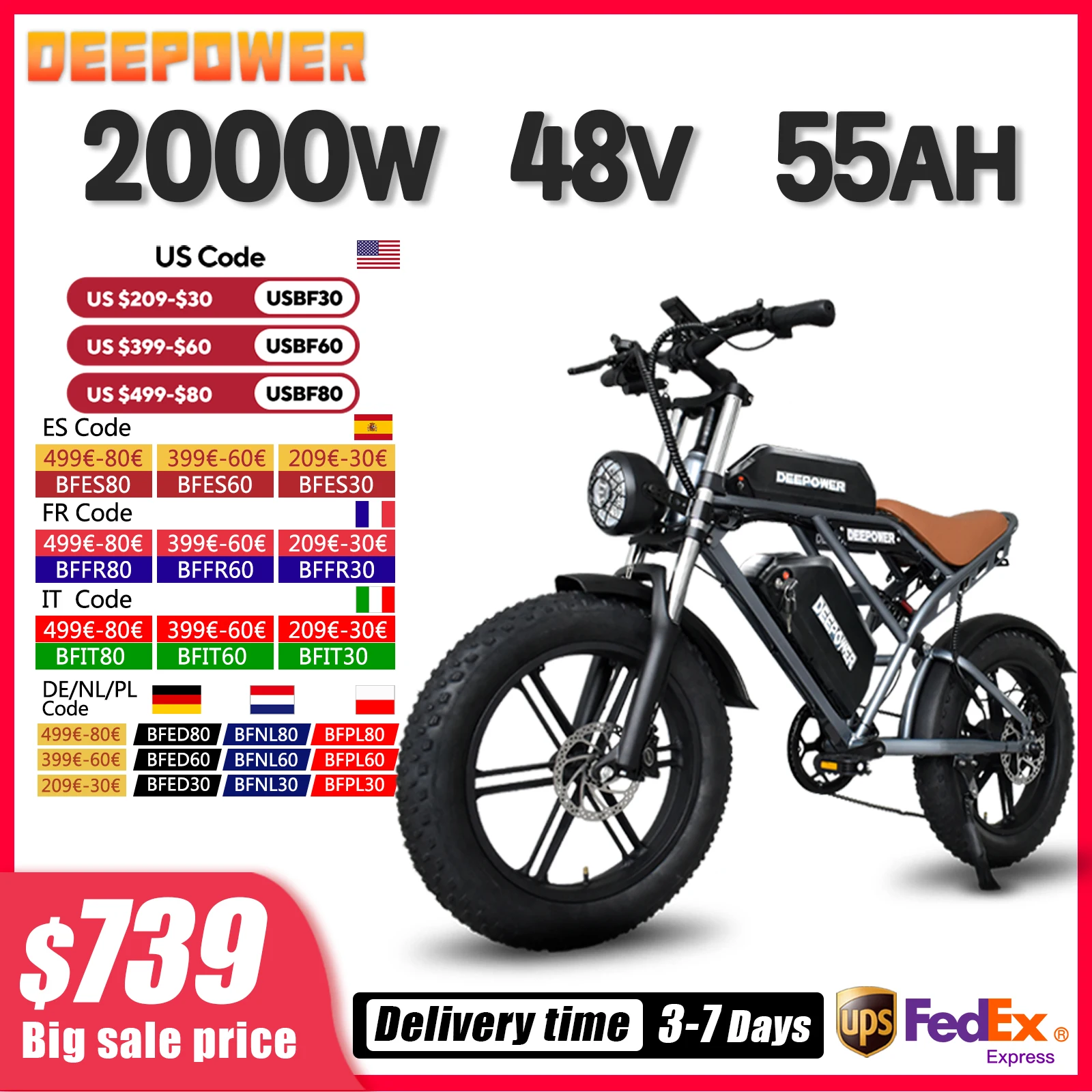 DEEPOWER S7 Electric Bicycle 2000W Motor Adults Electric 48V 55AH 20 Inch Fat Tire Electric Bikes Mountain Oil Brake For E Bikes