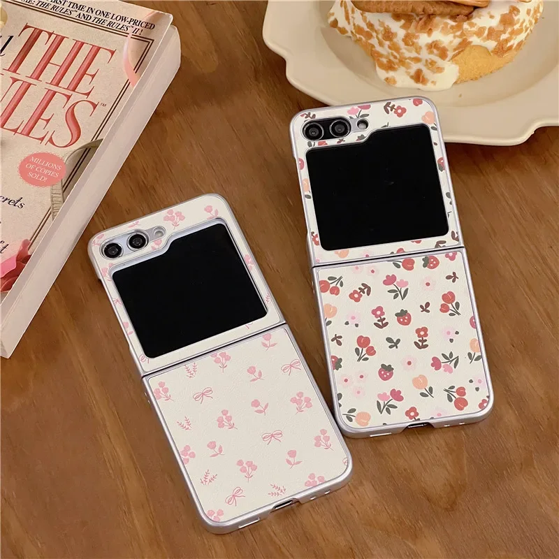 Чехол для Samsung Galaxy Z Flip 3 4 5, Z Flip5 ZFlip5 Ins, браслет с цветочным принтом и гальваническим покрытием из овечьей кожи, противоударный чехол