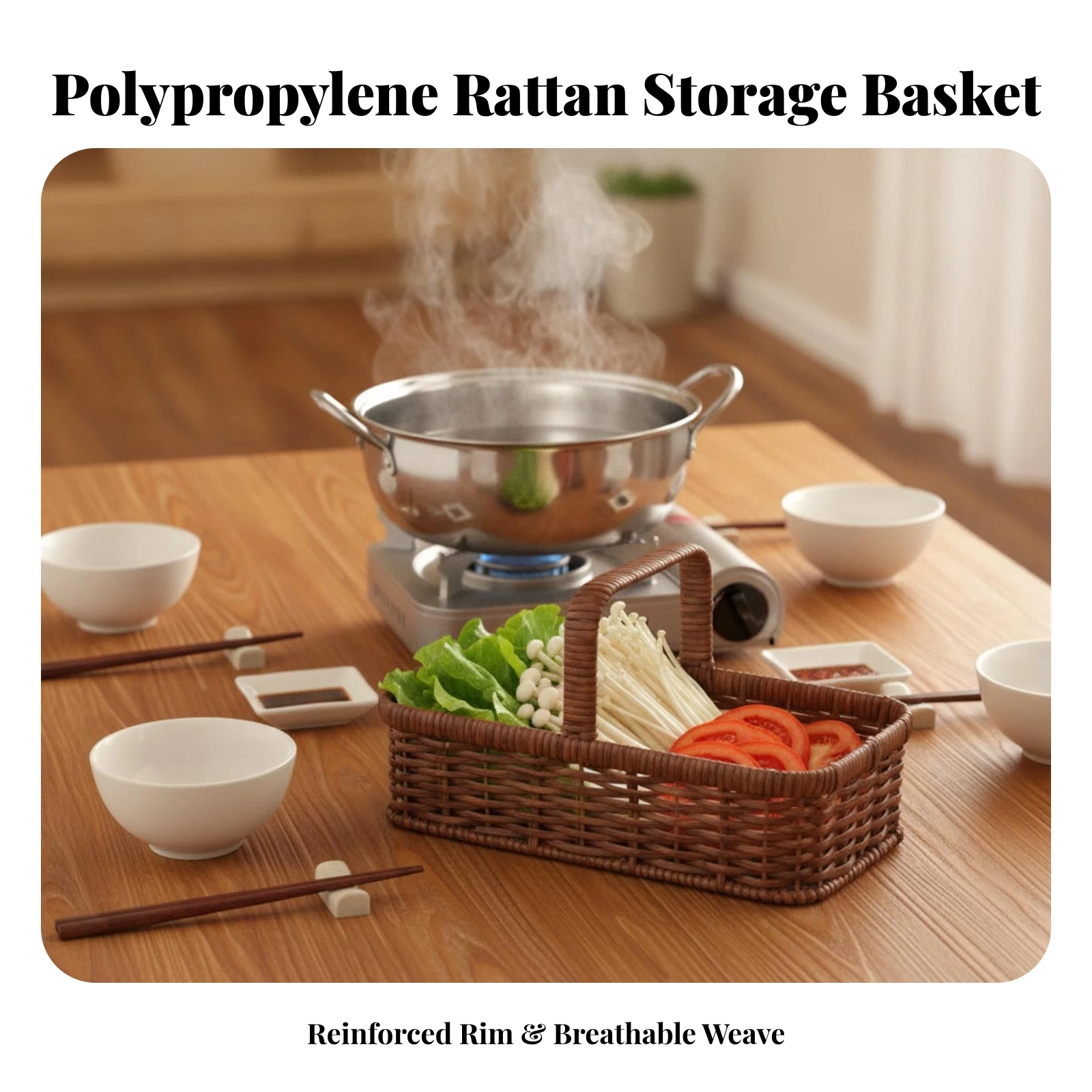 Rectangular Woven Basket with Integrated Handle Sturdy PP Rattan Hand Basket Hand Woven Rattan Bin Versatile Decorative