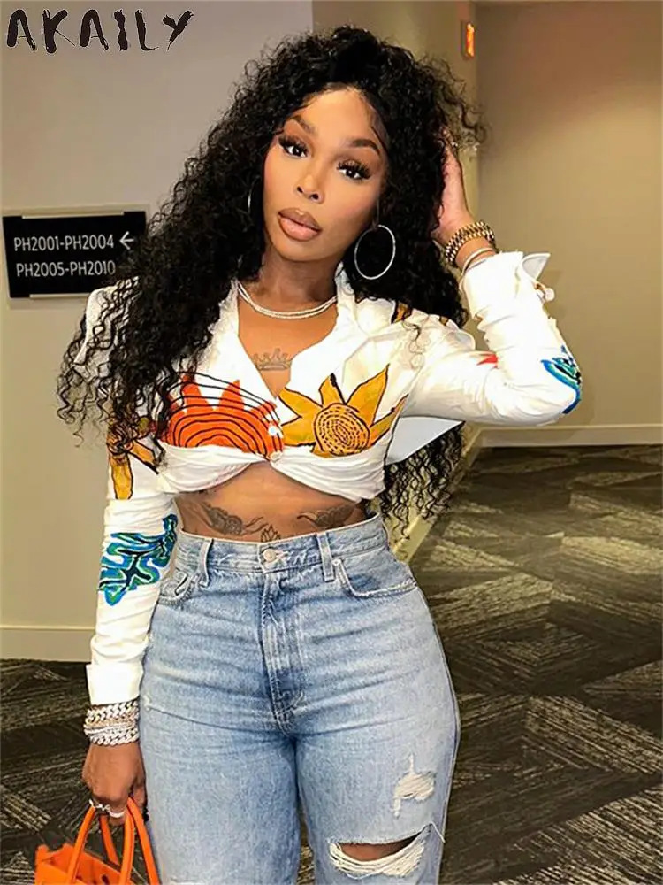 

Akaily Autumn Sexy White Graphic Print Crop Top Club Party Clothing For Woman 2023 Fashion Long Sleeve Bodycon Button Shirt