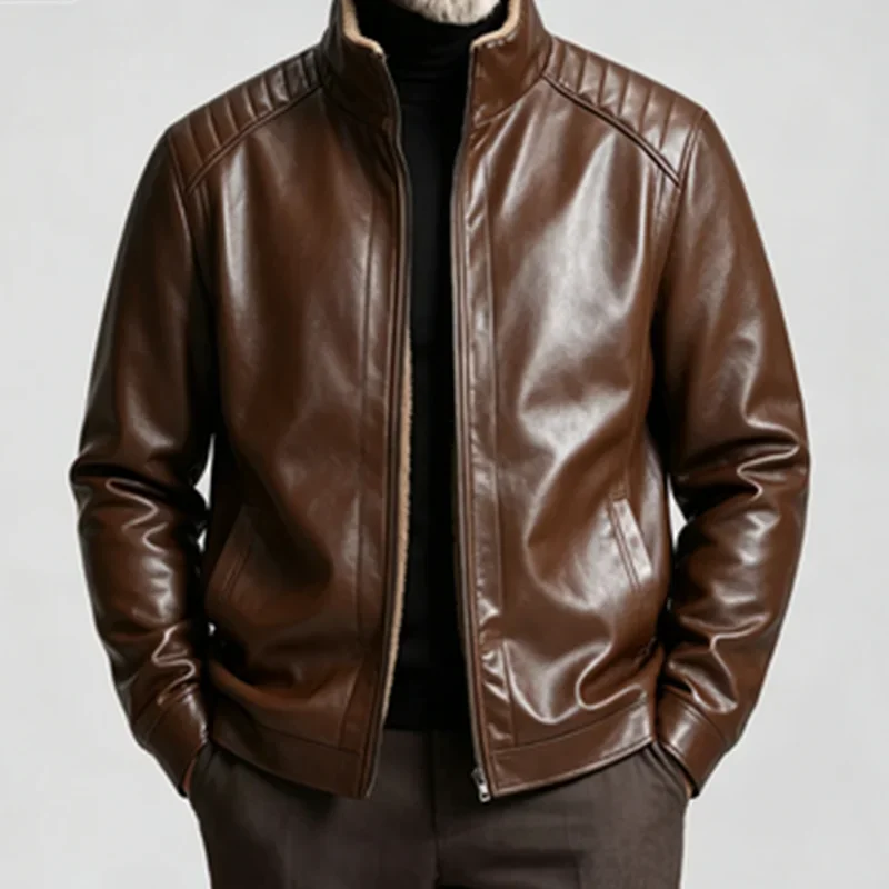 Men's Leather Winter Fleece Lined Biker Jackets Fashion Motorcycle Coat Outdoor Hiking Sports Running Outwear Casual Streetwear