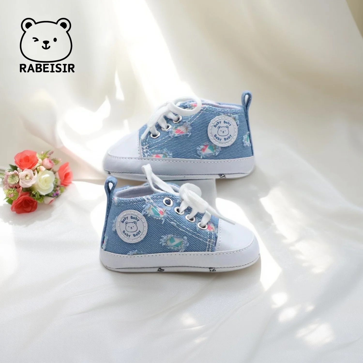 جديد الدنيم حذاء قماش طفل حذاء طفل صغير القماش الأحذية 0-18 أشهر لينة وحيد تنفس عدم الانزلاق الدانتيل متابعة نمط #5