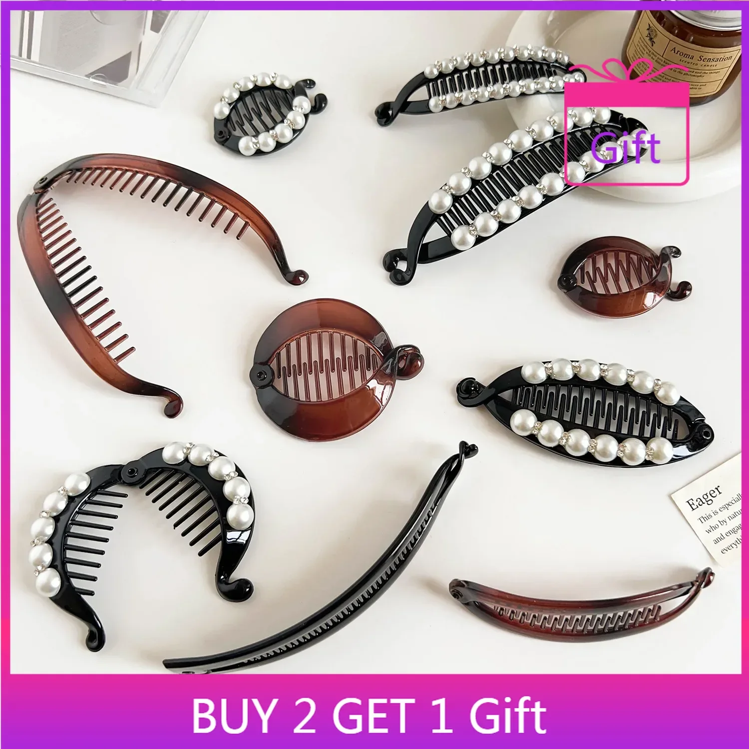 

2025 New Crystal Pearl Hair Clip Korean Style Hairpin for Women Flyaway Hair Barrettes Simple Black Banana Clip