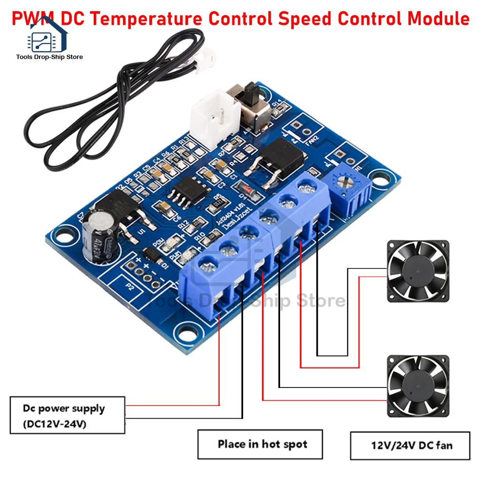 DC12V 24V 4A Fan Temperature Control Module PWM Thermostat Speed Governor DC Fan Intelligent Speed Regulator with 50CM Line