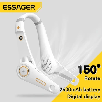 Essager 걸이식 목 미니 USB 선풍기, 5 단 2400mAh 전기 선풍기, 디지털 디스플레이, 휴대용 여름 스포츠 에어 쿨러, 야외용