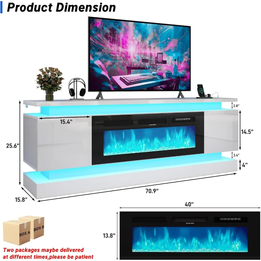 حامل تلفزيون مدفأة 71 بوصة مع مخرج طاقة مدفأة 40 بوصة لتلفزيون 85/80/75 بوصة، وحدة تحكم تلفزيون حديثة لامعة عالية الألعاب #2