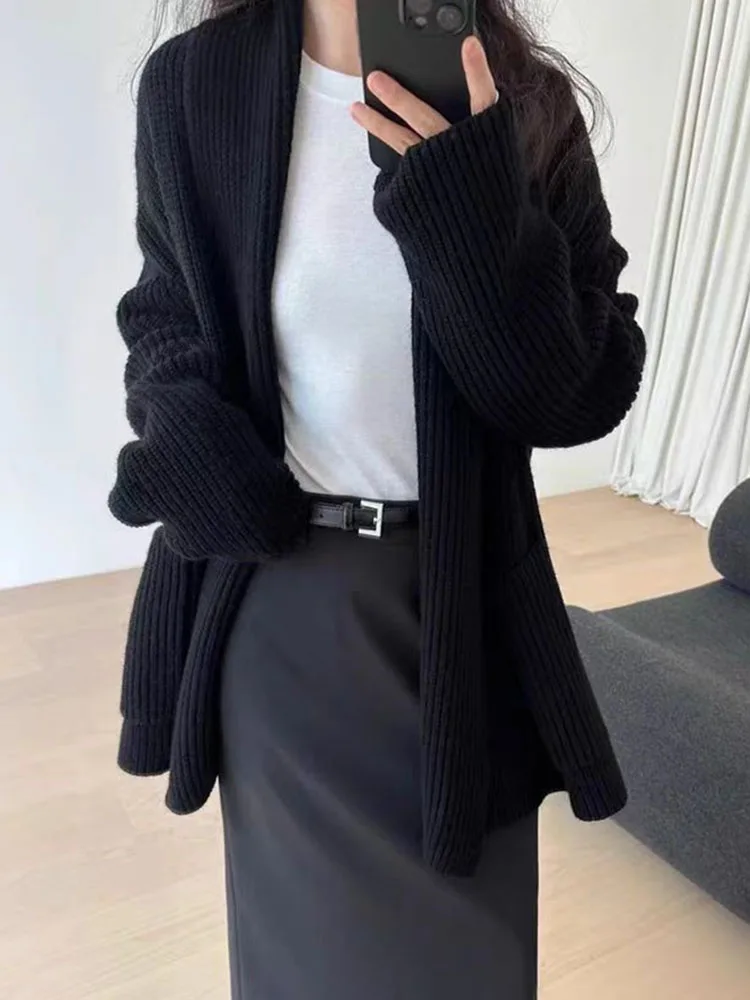 Jmprs Oversize Casual Cardigan Sweaters Women Elegant Lazy Wind Knitted Coat Tops Vintage Long Sleeve Big Pockets Loose Cardigan