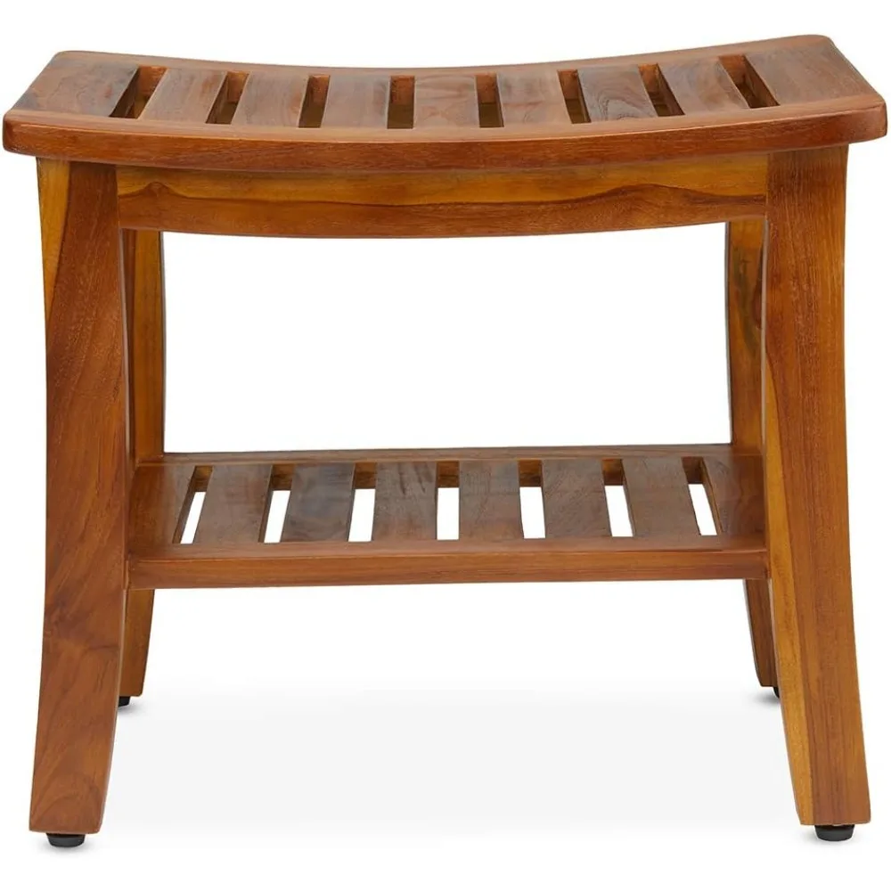 Teak Shower Bench 21 Inch, Fully Assembled Wood Bath Stool for Shower & Spa