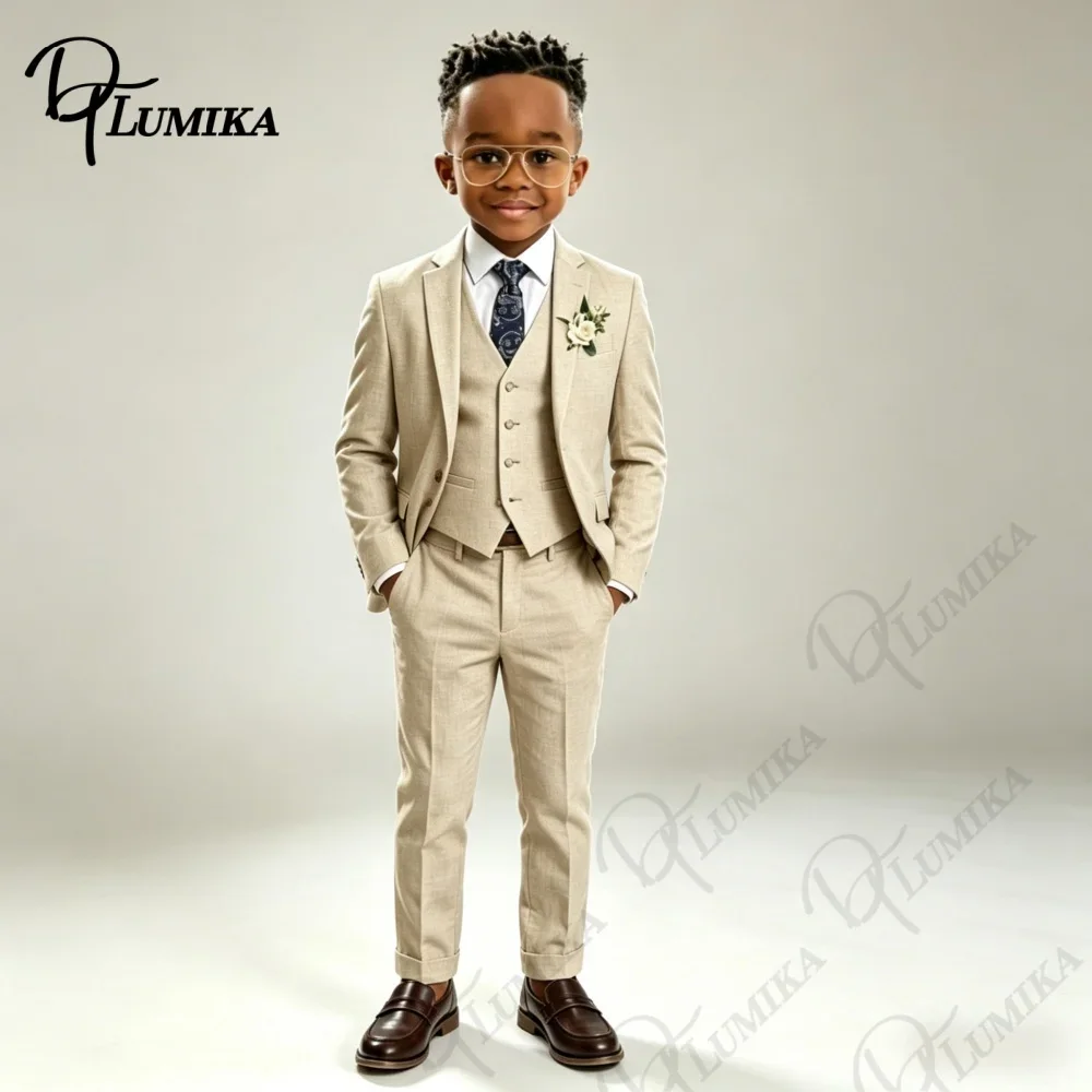 High Quality Beige Linen Kids Wedding Suit Set Blue Floral Tie Stylish 3 PCS 2026 Formal Outfit for Ring Bearer Pageant Events