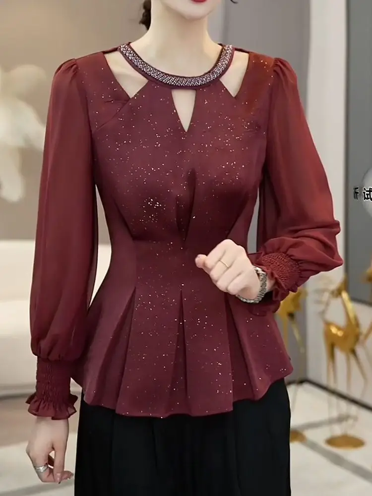Fashionable Hollow Round Neck Shirt for Women 2025 Autumn New Casual and Versatile Slim Long-sleeved Pullover
